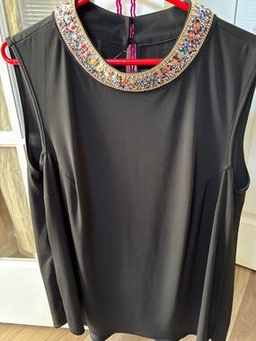 Nui Black Sleeveless Tunic Top with Multicolor Jeweled Neckline